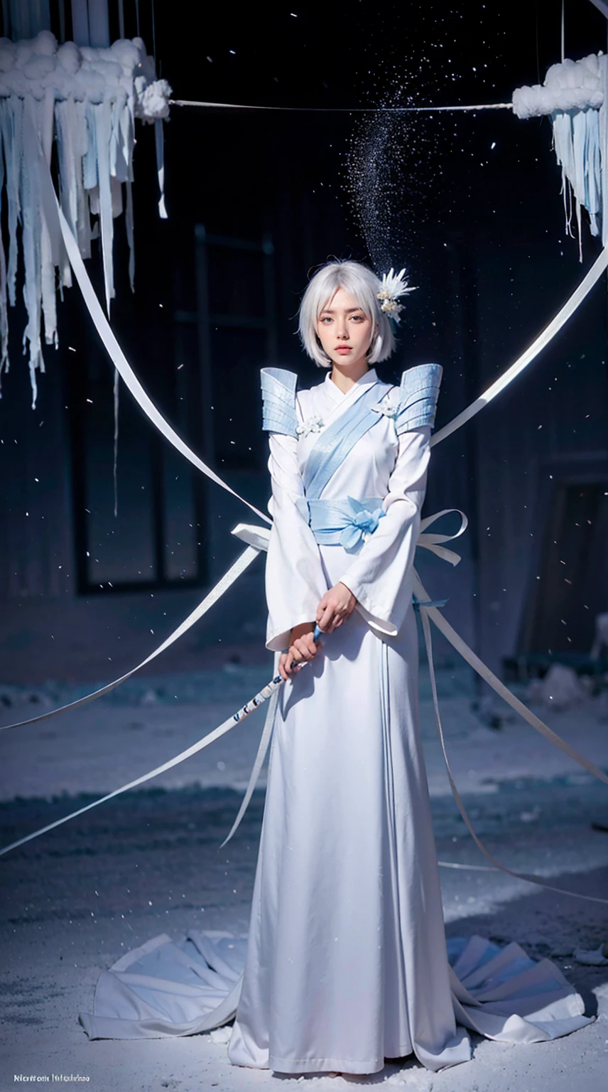 A digital art of Rukia Kuchiki, Bankai form(Hakka no Togame), from anime Bleach, standing, Full body, white hair, light blue eyes, frozen katana, ice particles, snowflakes, hyper detailed, hyper realistic, look at the the viewer, 4k, wide depth of field, radiant mapping, high dynamic range, masterpiece.