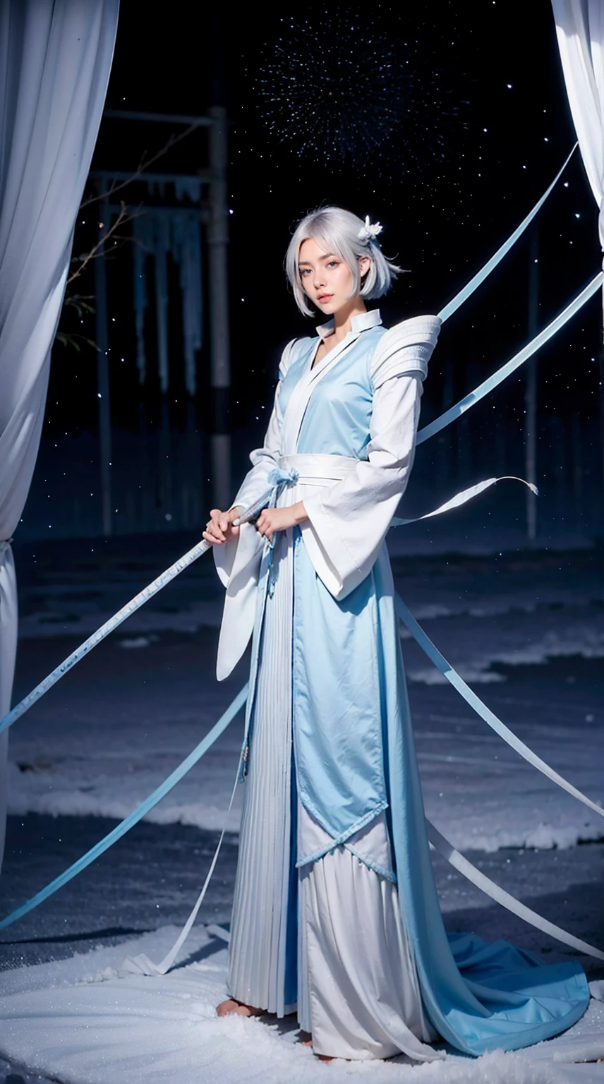 A digital art of Rukia Kuchiki, Bankai form(Hakka no Togame), from anime Bleach, standing, Full body, white hair, light blue eyes, frozen katana, ice particles, snowflakes, hyper detailed, hyper realistic, look at the the viewer, 4k, wide depth of field, radiant mapping, high dynamic range, masterpiece.