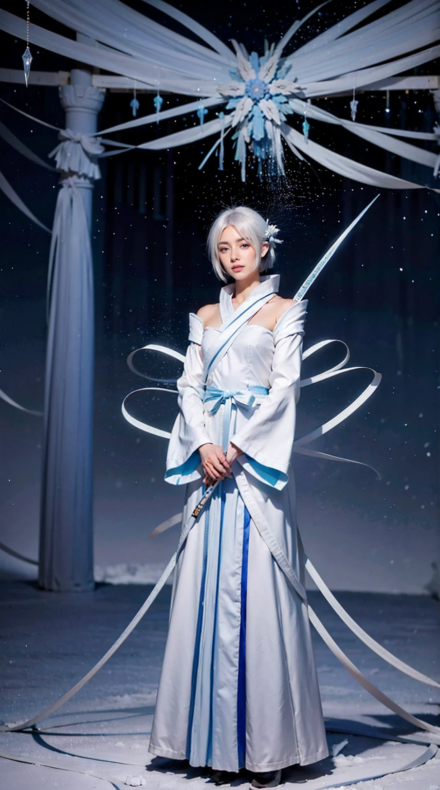 A digital art of Rukia Kuchiki, Bankai form(Hakka no Togame), from anime Bleach, standing, Full body, white hair, light blue eyes, frozen katana, ice particles, snowflakes, hyper detailed, hyper realistic, look at the the viewer, 4k, wide depth of field, radiant mapping, high dynamic range, masterpiece.