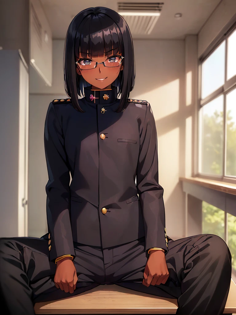 (1 girl solo),(dark skin:1.5),(masterpiece:1.2), highest quality, High resolution, unity 8k wallpaper, (fine and beautiful eyes:1.6), highly detailed face, perfect lighting, Detailed CG, (perfect hands, perfect anatomy),20 years old, (black hair:1.3), detailed eyes, best quality, extremely detailed, very precise detailed, (glasses:1.4), , (straight hair:1.5), (evil smile:1.4) ,long sidelocks, (blush:1.3),(gakuran,long pants:1.5),(short Bobbed hair:1.4),(blunt bangs:1.4), (greaming skin:1.3),(in class room:1.3),(sit on desk:1.4),(spread legs:1.4),(flat chest:1.3),