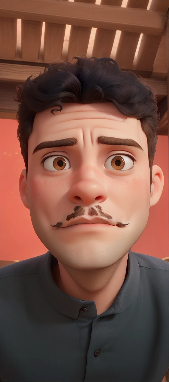 A boy with beautiful Curly hair with Handle bar moustache and medium beard with a good chest wearing a simple formal shirt without speticles looking like a techie with a plain background.