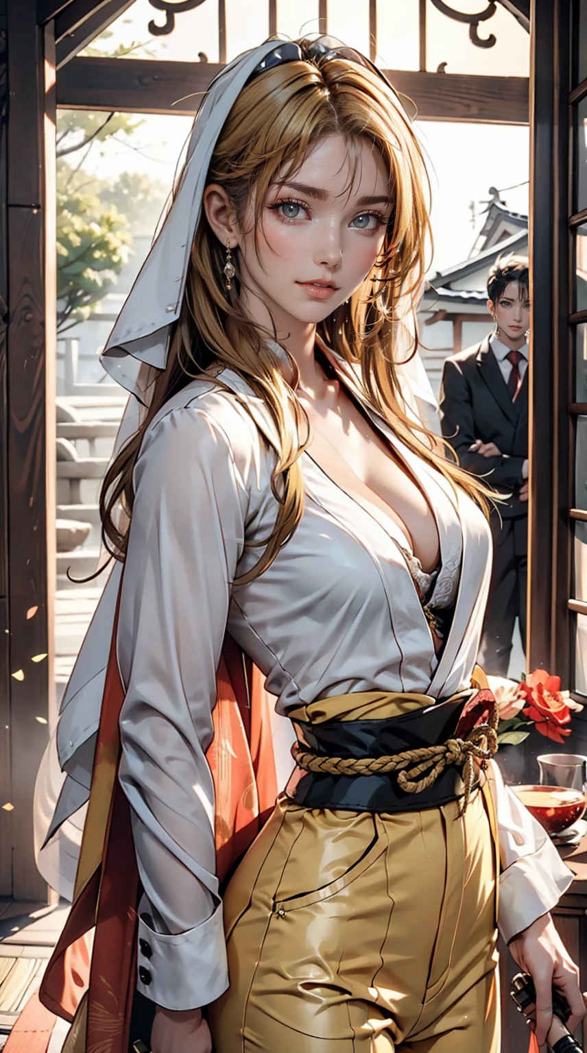 The Bride from the movie Kill Bill、24 year old Caucasian female、Blonde、Semi-long hair、Yellow jumpsuit(Black line on the side)、Holding a Japanese sword