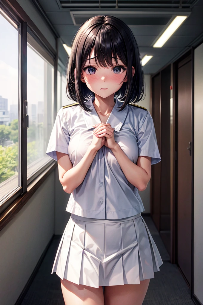 (depicting a single moment from a manga for adults), (hand-drawn), ((manga-style background)), (a nurse, nurse-uniform, nurse-skirt), (((round face))), drooping eyes, super detailed drawing luxury light colored panties, swollen nipple area), (((touching her groin area to hide crotch with pee))), in the hospital corridor, ceiling, curtain, ((incontinent, humiliated, leaking pee)), ((embarrassing)), (hair up),