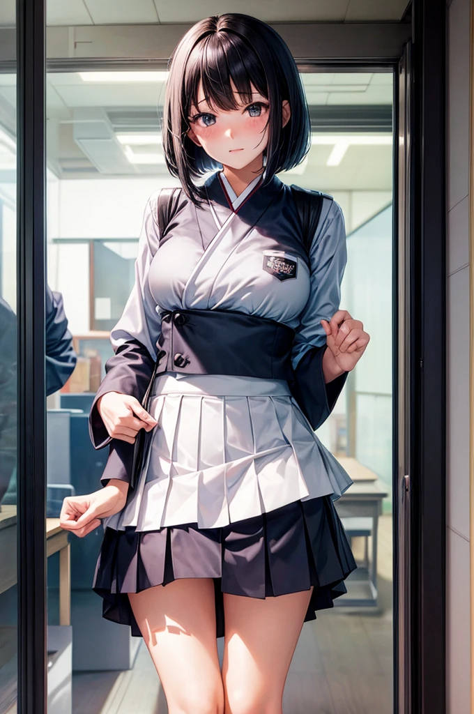 Best image quality, Japanese Classroom, White underwear, uniform, Flip up your skirt with both hands, Embarrassed face, solo, woman, Black Hair, Bob Hair