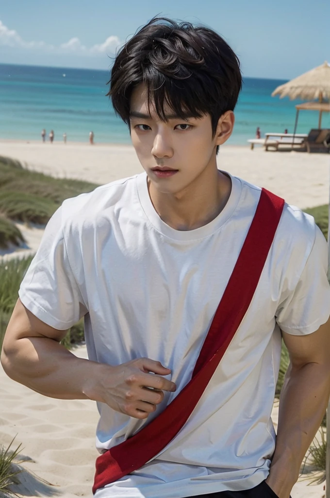 A handsome, muscular young Asian man looks at the camera. In a simple t-shirt white and red , Fieldside, grass, beach, sunlight, Carrying a camera