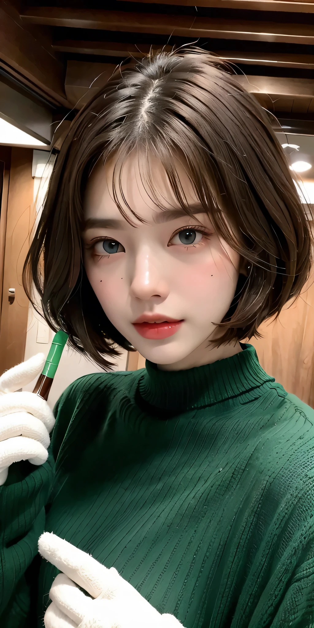 Girl, brown hair, bob haircut, with bangs, purple snow jacket with green sweater inside, hands crossed, slightly serious expression, big eyes,  white gloves, blue eyes,professional, cinema, studio