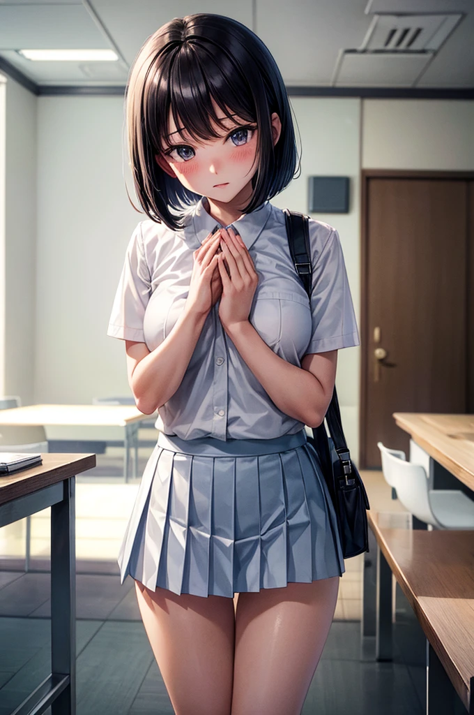  (masterpiece, Highest quality:1.2), alone, 1 girl, kobayakawa rinko, 15 years old, Close, tsurime, (open forehead:1.2), (Short hair that covers the ears:1.4), Dark blue hair, ((asymmetrical)), shy, Medium chest, Looking at the audience, Are standing, , Seraphim, Pleated skirt, socks, White string, (The whole face turns red), Embarrassing, break, Showing panties, (Skirt Lift:1.4), (Lift it yourself:1.4), String String Focus, Very beautiful hands, ((accentuate White string)), ((Grab the skirt with both hands)), indoor, library, (night:1.5),(Dark Background:1.1), 