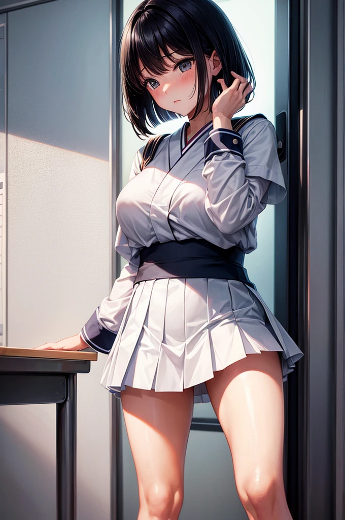 Best image quality, Japanese Classroom, White underwear, uniform, Flip up your skirt with both hands, Embarrassed face, solo, woman, Black Hair, Bob Hair