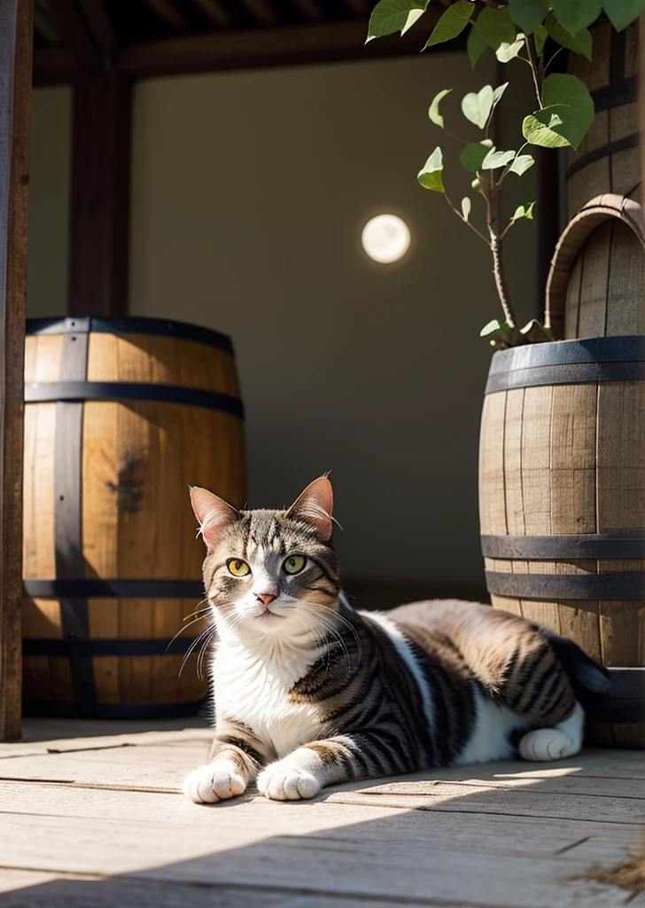 A cat lying on a large wooden barrel in front of an old mud-walled house、Brown tabby cat with eight divided patterns、Under the fresh green tree、Moonlit Night、The moon is half hidden by the clouds、High color reproducibility、Attention to detail