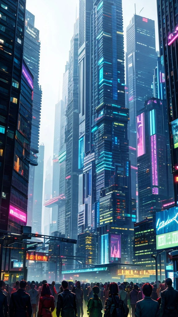 "A futuristic cityscape at twilight, where nature has reclaimed parts of the urban environment, with lush greenery intertwining with sleek, neon-lit skyscrapers. In the foreground, a group of people in avant-garde fashion are gathered around a holographic art display."