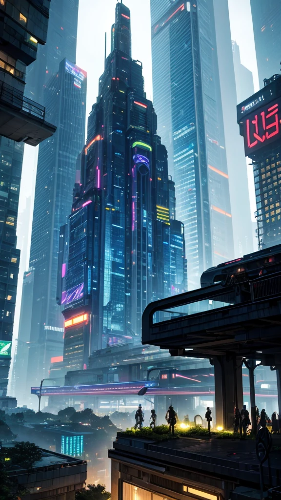 

"A futuristic cityscape at twilight, where nature has reclaimed parts of the urban environment, with lush greenery intertwining with sleek, neon-lit skyscrapers. In the foreground, a group of people in avant-garde fashion are gathered around a holographic art display."