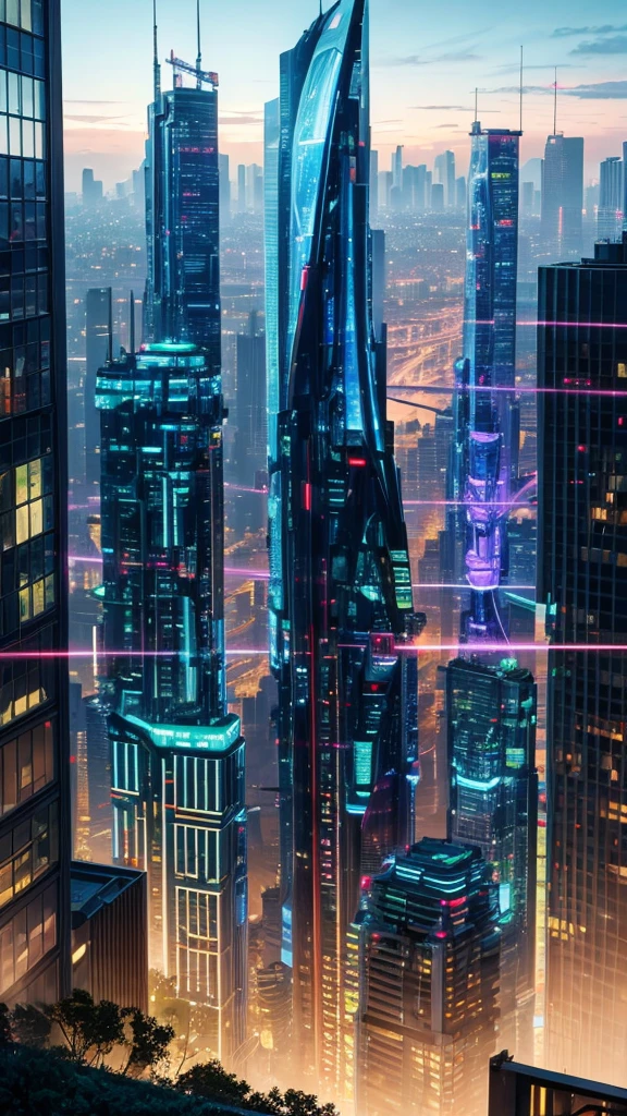 

"A futuristic cityscape at twilight, where nature has reclaimed parts of the urban environment, with lush greenery intertwining with sleek, neon-lit skyscrapers. In the foreground, a group of people in avant-garde fashion are gathered around a holographic art display."