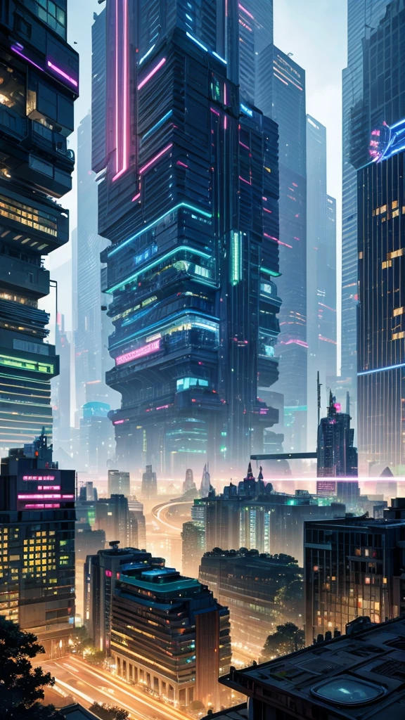 "A futuristic cityscape at twilight, where nature has reclaimed parts of the urban environment, with lush greenery intertwining with sleek, neon-lit skyscrapers. In the foreground, a group of people in avant-garde fashion are gathered around a holographic art display."