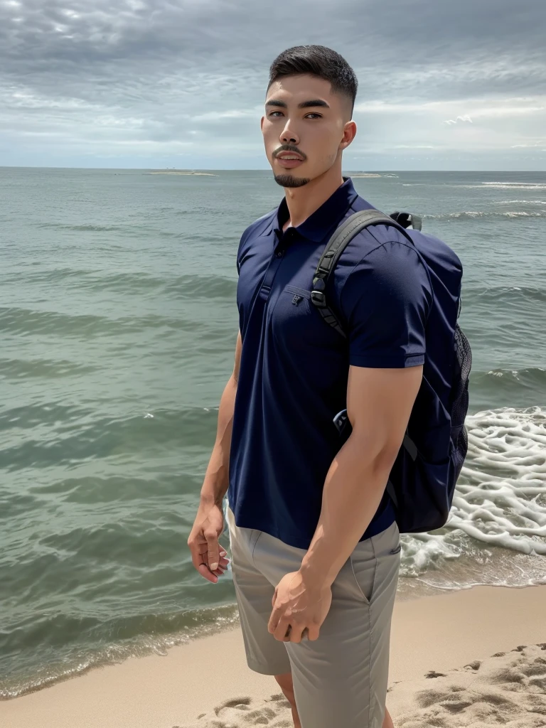 Tony Labrusca, Young man in a navy blue polo shirt Standing by the sea with an expression, looking into the distance Turn your head slightly.，Cloudy day, (Backpack:1.2)