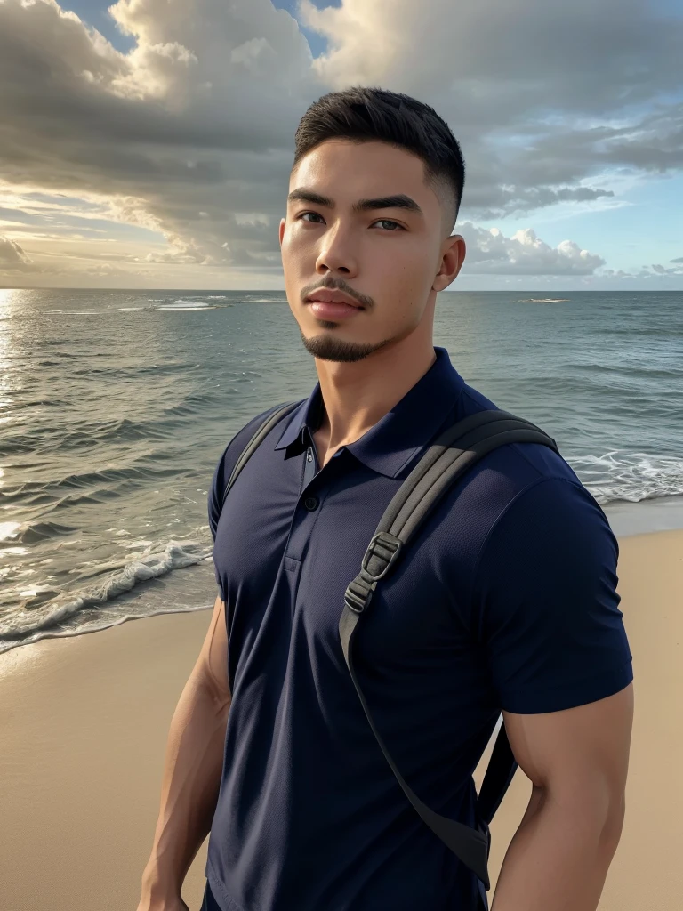 Tony Labrusca, Young man in a navy blue polo shirt Standing by the sea with an expression, looking into the distance Turn your head slightly.,Cloudy day, (Backpack:1.2)