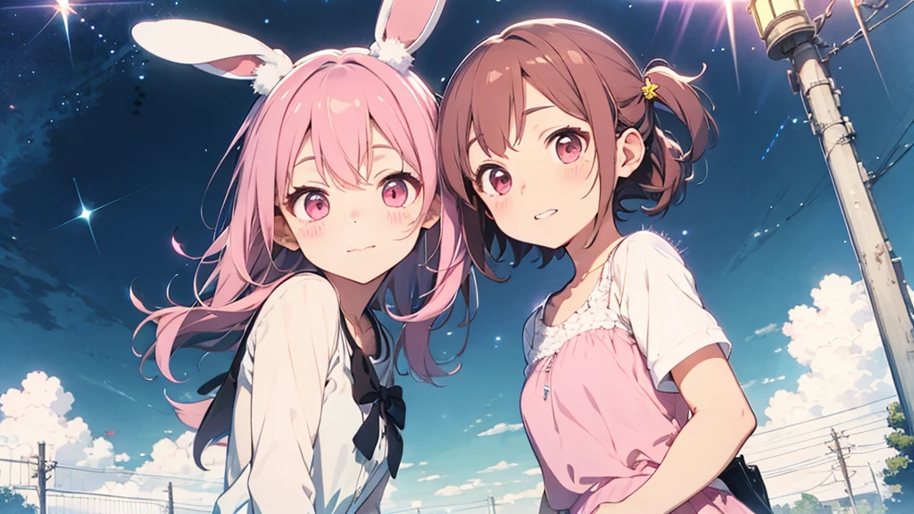Highest quality, pretty girl, pastel colour, Fluffy bunny ears, Pink long hair,Pale pink eyes、Sparkly, pop, cute, kawaii, fun、Nanaoakari