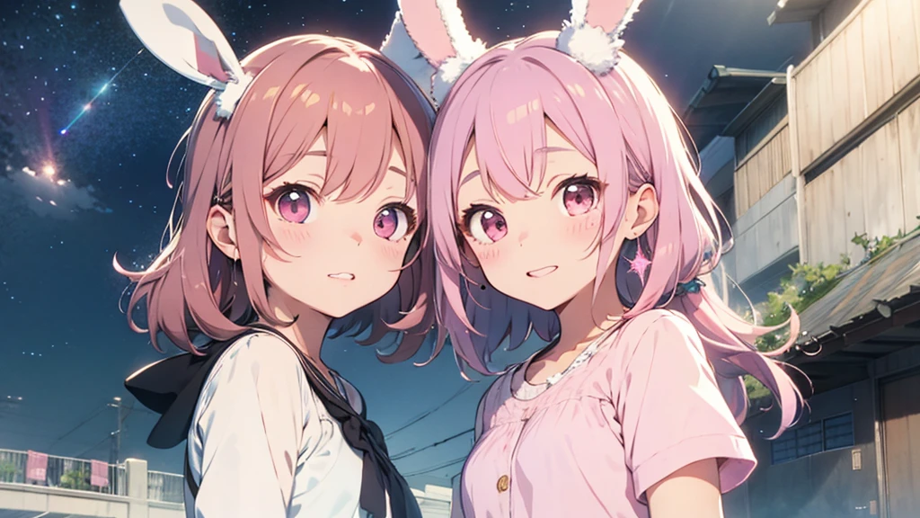 Highest quality, pretty girl, pastel colour, Fluffy bunny ears, Pink long hair,Pale pink eyes、Sparkly, pop, cute, kawaii, fun、Nanaoakari