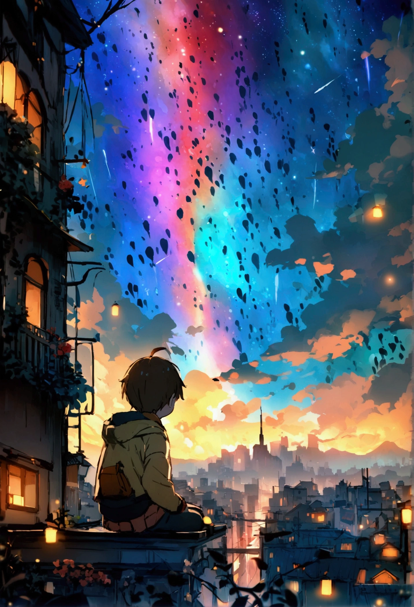 City of night、The sky is wonderful、meteor、3 year old little boy sitting on top of a building、Brown Hair、Back view、The city is bright with streetlights、Person Main、Highest quality、Anime Scenery、Xin Haichen、building、Field、Milky Way 110207, distant 3 year old little boy staring at
the performer,(Zoom out:1.1),(meteor:1.2)、(comet:1.1,yourname、Low Angle、From behind、Alola、shooting star、cherry blossoms、Standing in the Field、Highest quality、masterpiece、cloud、colorful、Starry Sky、performer、