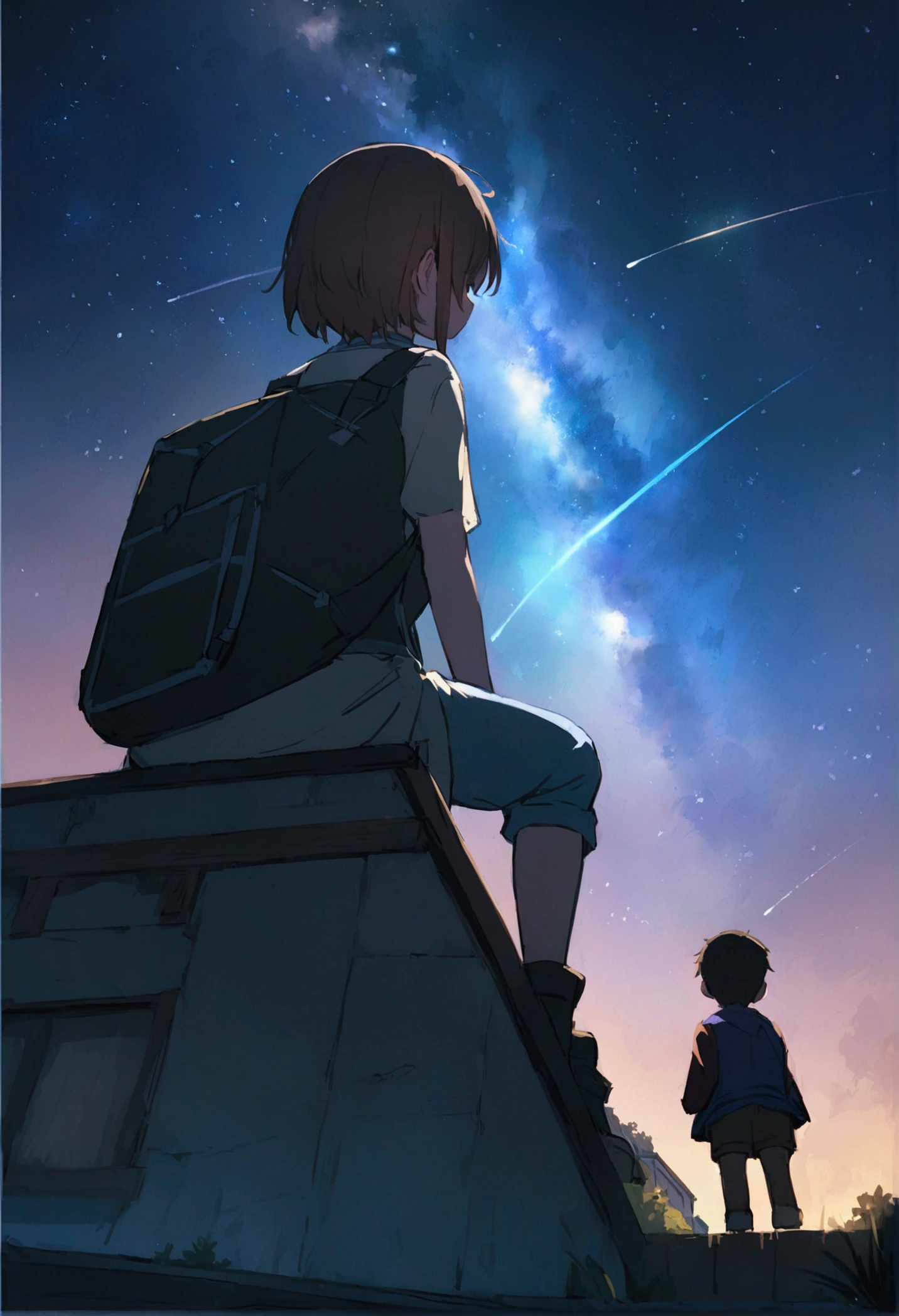City of night、The sky is wonderful、meteor、3 year old little boy sitting on top of a building、Brown Hair、Back view、The city is bright with streetlights、Person Main、Highest quality、Anime Scenery、Xin Haichen、building、Field、Milky Way 110207, distant 3 year old little boy staring at
the performer，（Zoom out：1.1），（meteor：1.2）、（comet：1.1，yourname、Low Angle、From behind、Alola、shooting star、cherry blossoms、Standing in the Field、Highest quality、masterpiece、cloud、colorful、Starry Sky、performer、