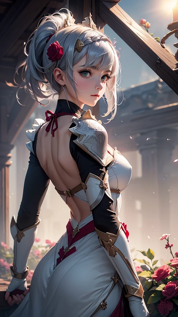 A masterpiece image of Noelle with the best quality, capturing every single detail and showcasing her stunning beauty. The image should have a high level of realism and photorealism. Noelle has a bob hairstyle, a serious expression on her face, and her hands raised up to the sky. She exudes determination and a strong aura. The scene is set on a battlefield with bright overall lighting and a backlighting effect. There is a dense fog that adds a fantastical atmosphere to the image. Noelle's body lines are beautiful and well-defined, emphasizing her slender figure. Her breasts are small but exquisitely beautiful, with a gorgeous cleavage that adds to her allure. The overall color tone of the image should be vibrant and vivid. The lighting should create a dramatic effect, enhancing the mood and emphasizing Noelle's presence. The image should be ultra-detailed, with a resolution of 4K or even 8K, making it a true masterpiece.