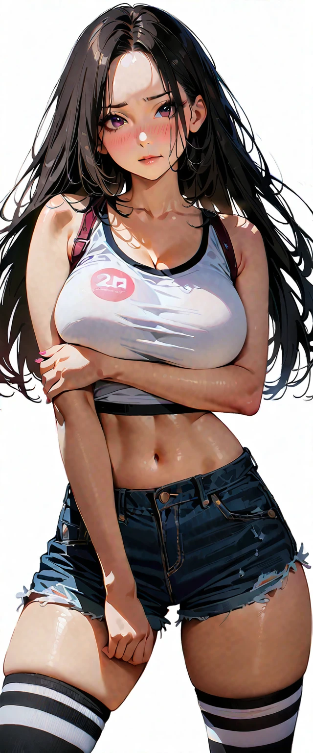 20 years old,1 mature woman,hyperrealistic, 8k, (extremely detailed 8k), (very delicate and beautiful), (masterpiece), (better quality:1.0), (ultra high resolution:1.0), (masterpiece, best quality),cute,black hair,cowboy shot,white background,realistic skin,Crop Top, Denim Shorts, Striped Knee Socks,breast hold,big breasts,nose blush,pink nail,tanned skin,forehead