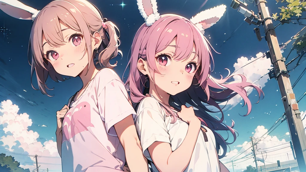 Highest quality, pretty girl, pastel colour, Fluffy bunny ears, Pink long hair,Pale pink eyes、Sparkly, pop, cute, kawaii, fun、Nanaoakari
