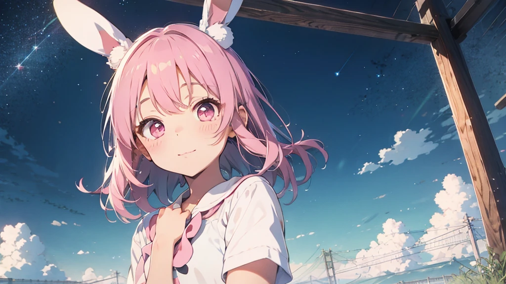 Highest quality, pretty girl, pastel colour, Fluffy bunny ears, Pink long hair,Pale pink eyes、Sparkly, pop, cute, kawaii, fun、Nanaoakari