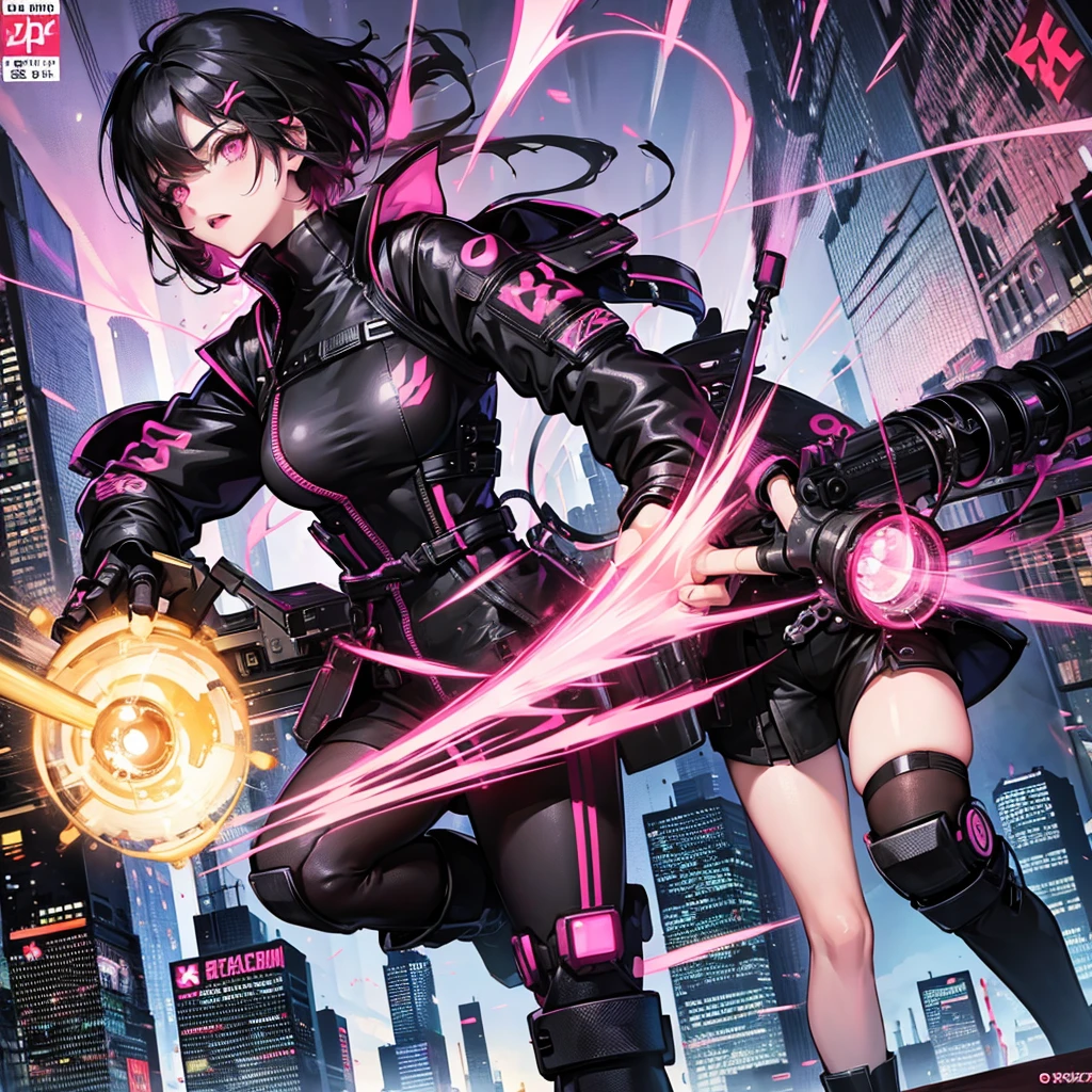 Cyberpunk;  female Protagonist;  black hair;  girl;  comic cover;  katana;  pink eyes; short hair;  cover; action;