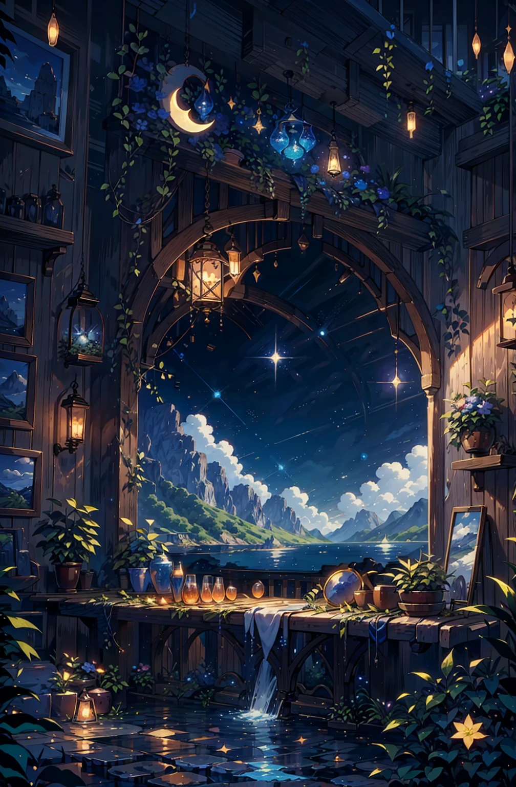 {{{Crescent Moon,Tabletop}}}, {{Highest quality, Ultra-fine illustrations, Beautiful and delicate water}}, {{Very delicate light}}, {{nature, Painting}}, {{Excellent lighting, A more transparent star, Quality Mountains々々々々々々々, Very beautiful 8K PCG wallpaper}}, (plateau), sunrise, Randomly distributed clouds, cliff, ((Rotating starry sky)), ((Lake of the mountain stream)), Glowing particles,