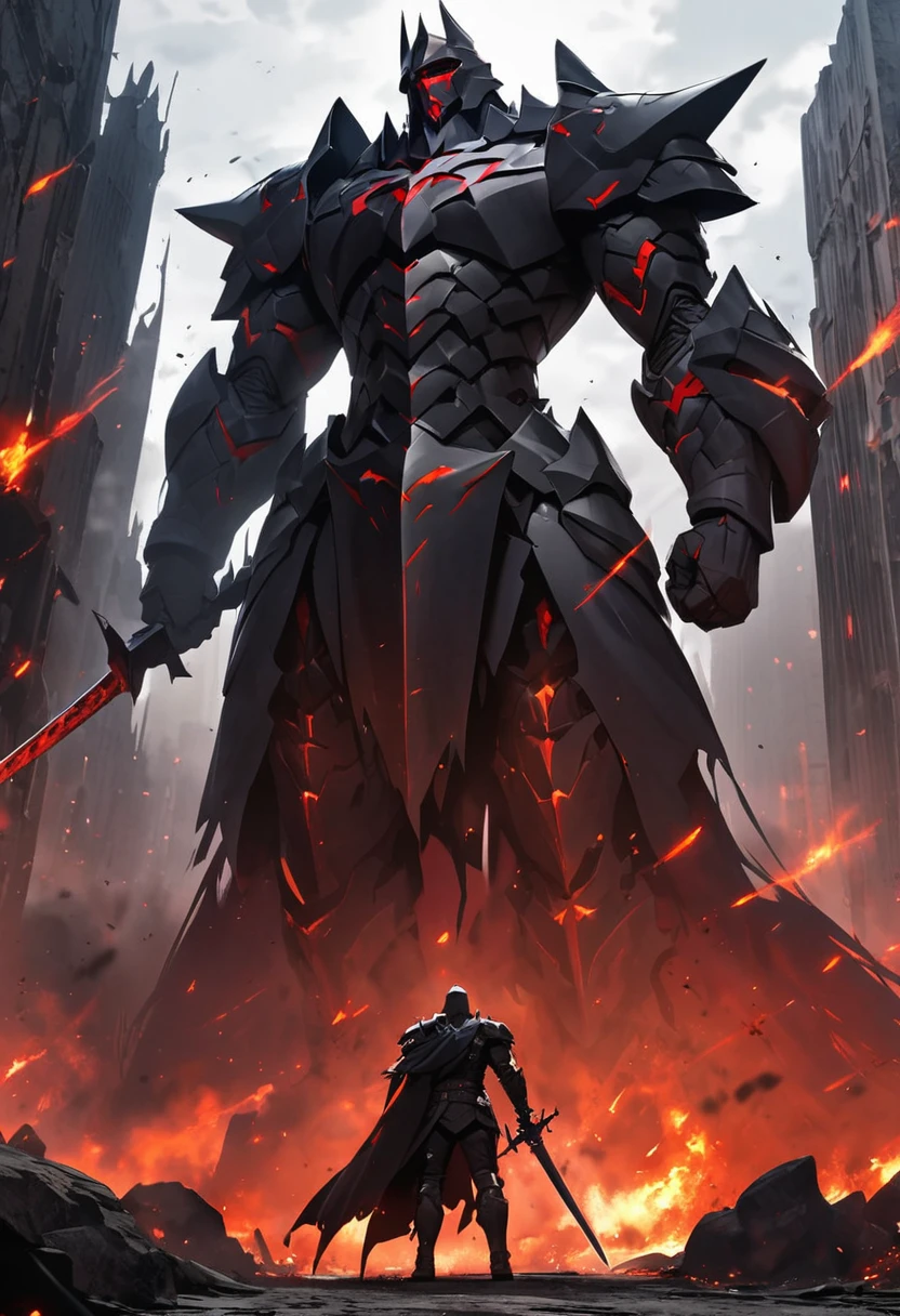 giant knight, dark knight, black and red, standing, using sword