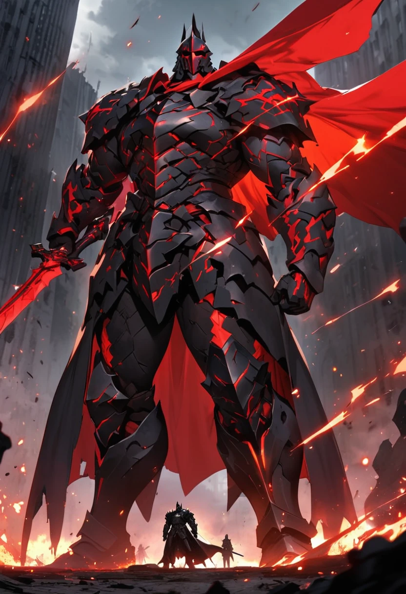 giant knight, dark knight, black and red, standing, using sword
