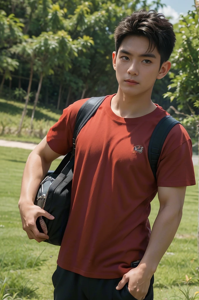 A handsome, muscular young Asian man looks at the camera. In a simple black and red t-shirt. , Fieldside, grass, beach, sunlight, Carrying a camera