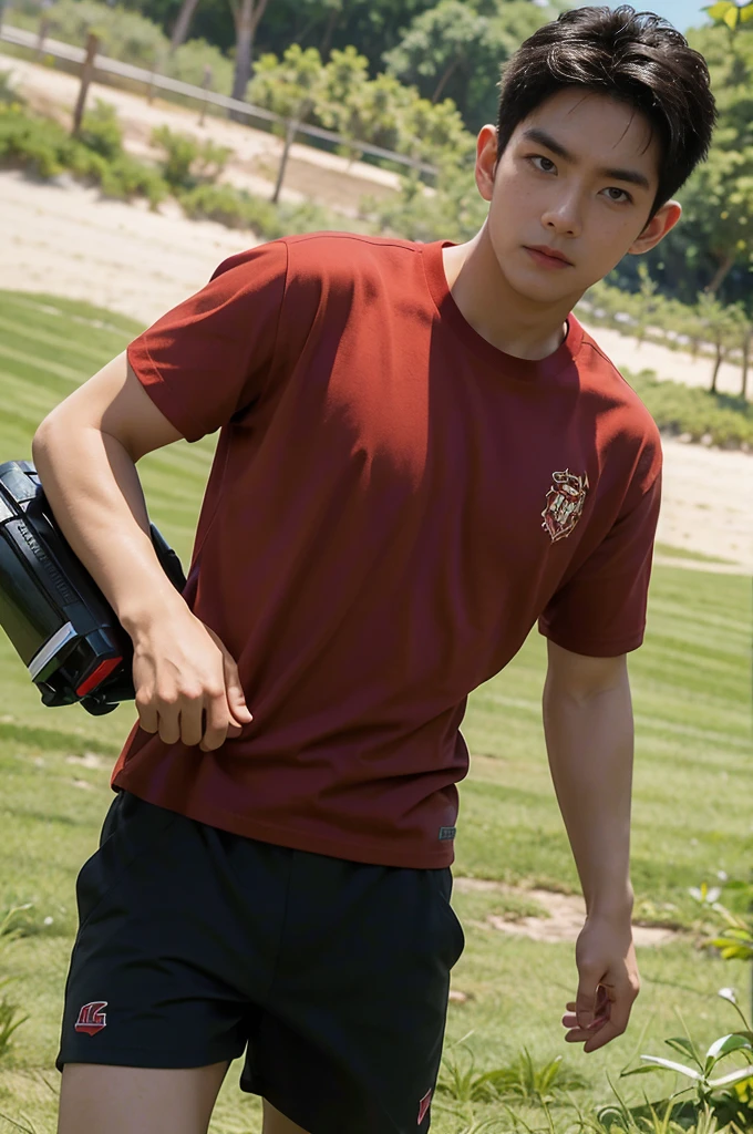 A handsome, muscular young Asian man looks at the camera. In a simple black and red t-shirt. , Fieldside, grass, beach, sunlight, Carrying a camera