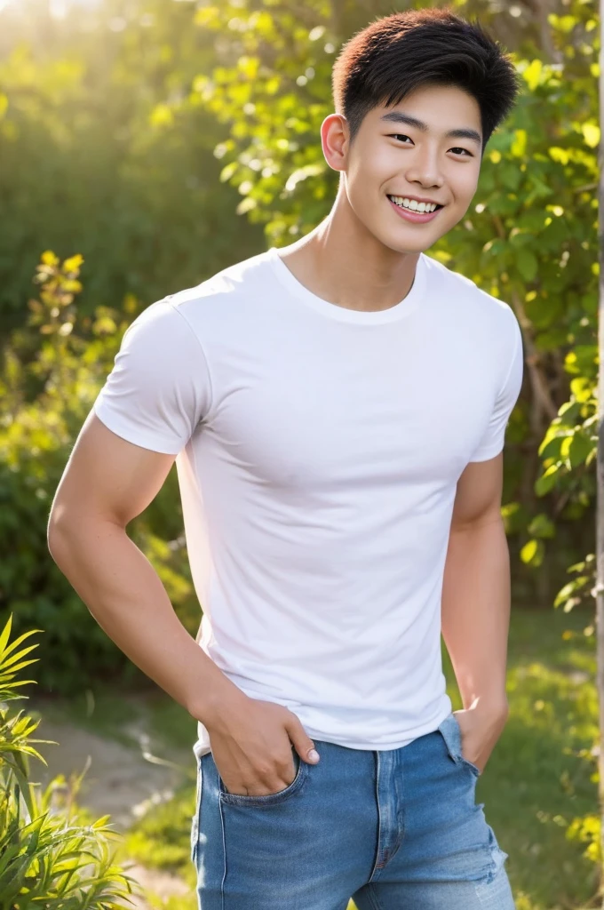 Young Korean man in a white t-shirt and jeans, A handsome, muscular young Asian man looks at the camera. In a simple t-shirt white and red , Fieldside, grass, beach, sunlight, Carrying a camera, smiling