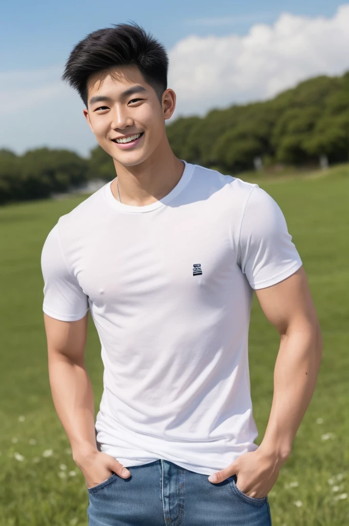 Young Korean man in a white t-shirt and jeans, A handsome, muscular young Asian man looks at the camera. In a simple t-shirt white and red , Fieldside, grass, beach, sunlight, Carrying a camera, smiling