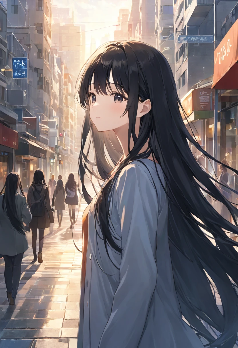 high resolution、One girl、、Slender、Black Hair、Smooth Long Hair、、Daytime、City、Bright expression、