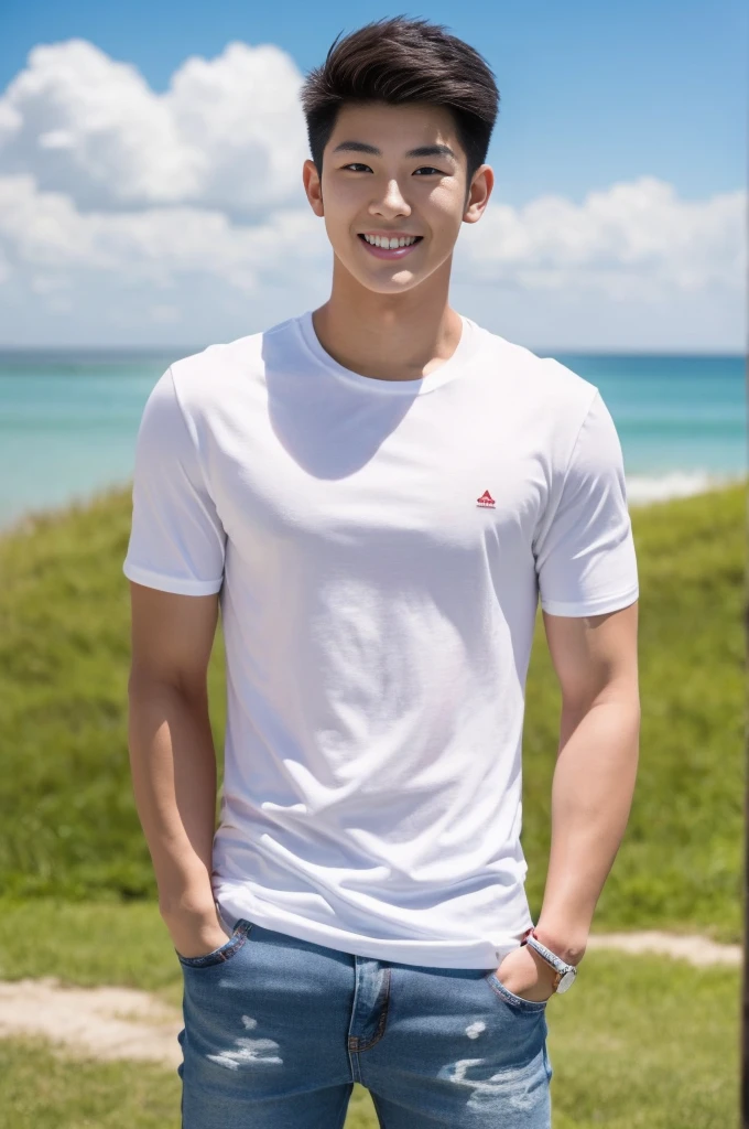 Young Korean man in a white t-shirt and jeans, A handsome, muscular young Asian man looks at the camera. In a simple t-shirt white and red , Fieldside, grass, beach, sunlight, Carrying a camera, smiling