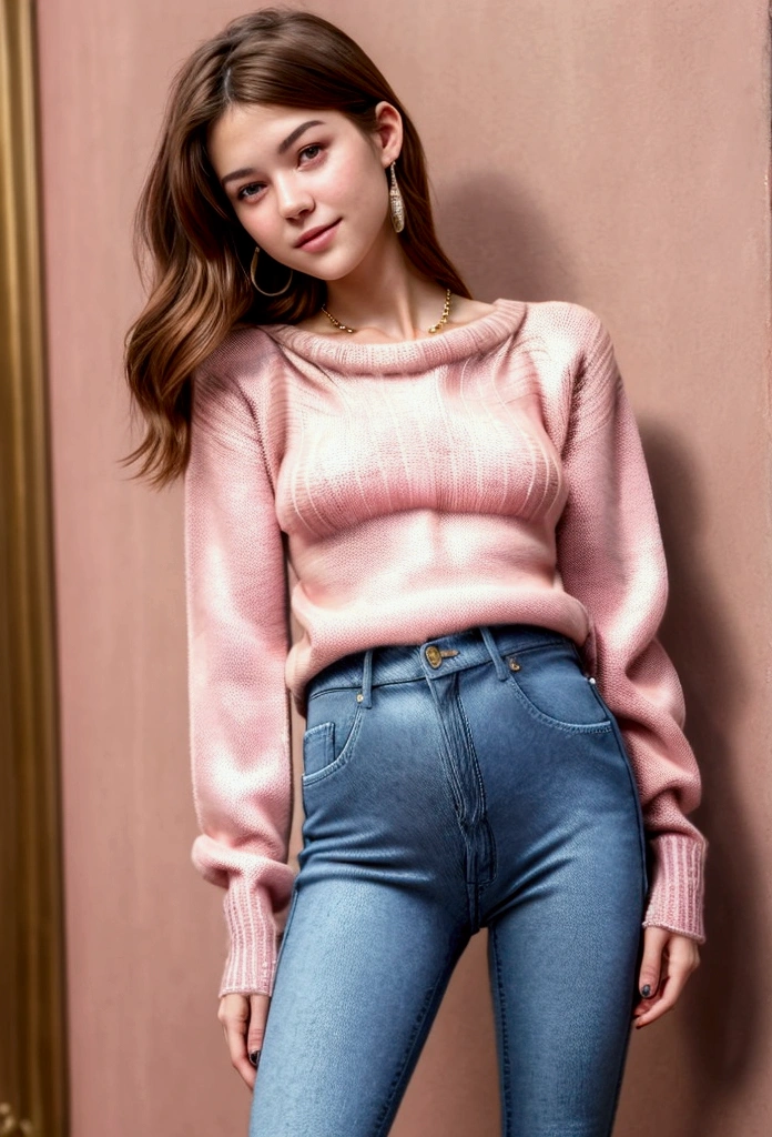 Masterpiece of allure, (-yeld:1. mary elizabeth winstead, (brown eyes:1.2), (small breasts,slender body:1.2), (wearing pink knitted sweater and jeans:1.3),necklace, photorealistic, full body, ballroom by marble stairs, a captivating smile lingers at the corner of her lips, ultra-high-resolution, film stock photography, F2.8 lenses, vibrant colors, realistic, under the clear, sun-kissed sky