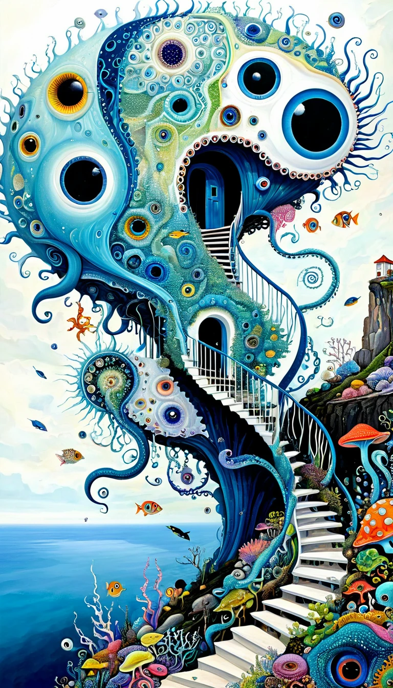 &quot;Dick Ellescas Artist Style&quot;,cabin on cliff，Tentacles瀑布，fish，Tentacles，bird、Eye、eyeball、diatom，Spiral Staircase，Stitching together an abstract painting，Describing the inner world of autistic people，Sense of space，White Space，interesting，Innocence，Psychedelic Art，Blue Theme
