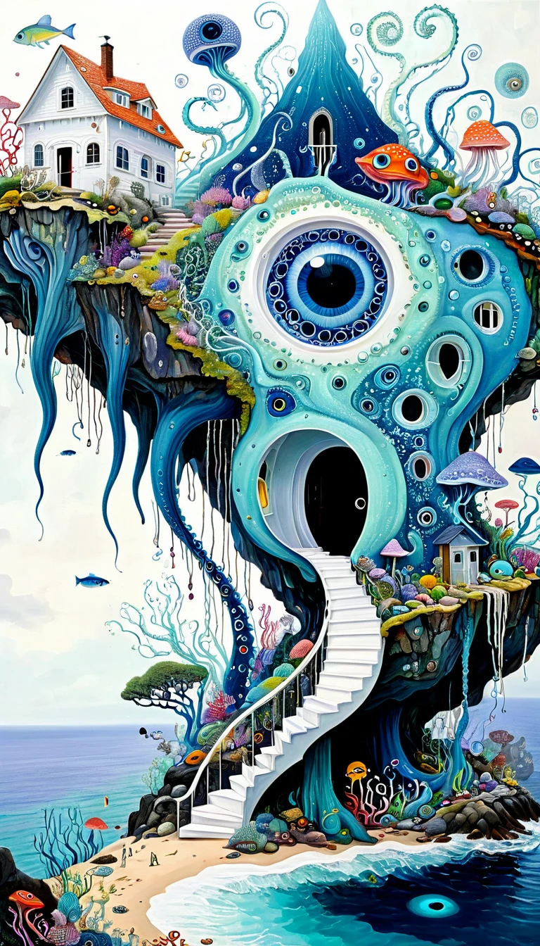 &quot;Dick Ellescas Artist Style&quot;,cabin on cliff，Tentacles瀑布，fish，Tentacles，bird、Eye、eyeball、diatom，Spiral Staircase，Stitching together an abstract painting，Describing the inner world of autistic people，Sense of space，White Space，interesting，Innocence，Psychedelic Art，Blue Theme