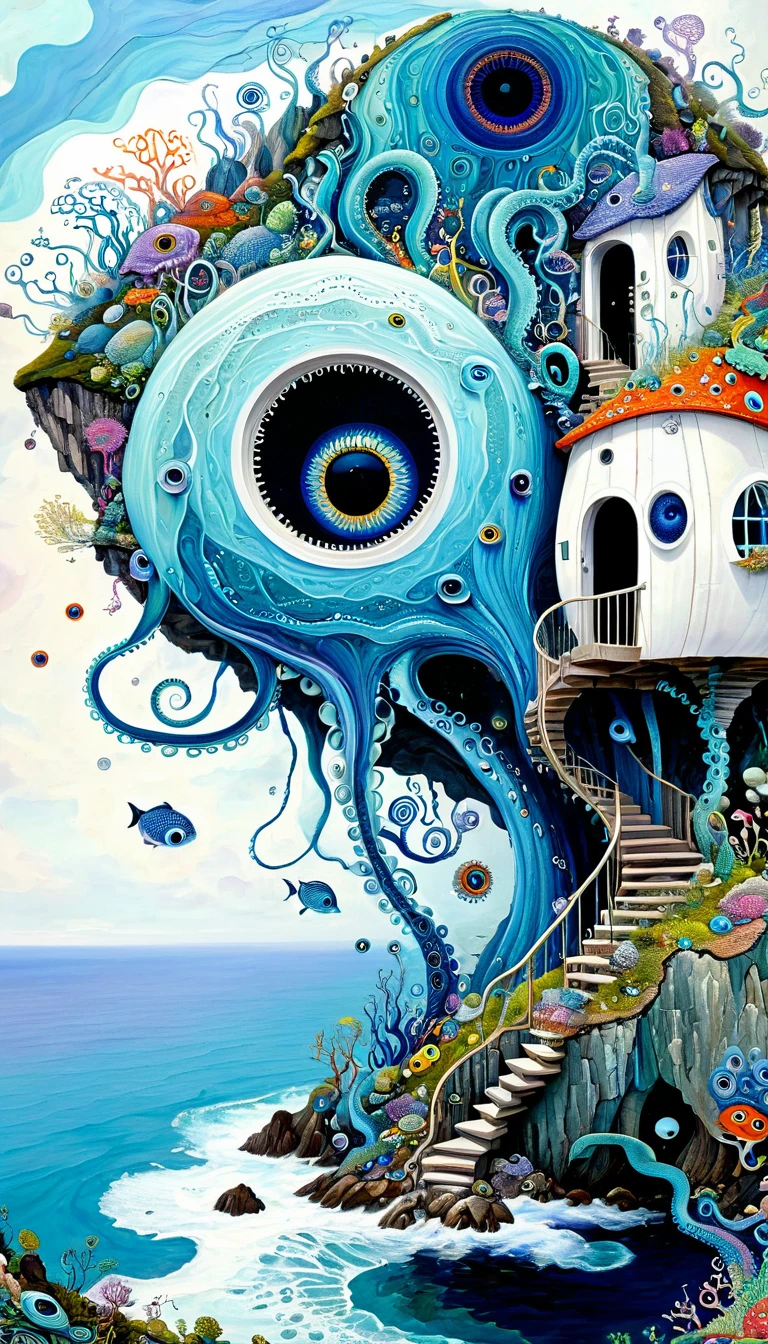 &quot;Dick Ellescas Artist Style&quot;,cabin on cliff，Tentacles瀑布，fish，Tentacles，bird、Eye、eyeball、diatom，Spiral Staircase，Stitching together an abstract painting，Describing the inner world of autistic people，Sense of space，White Space，interesting，Innocence，Psychedelic Art，Blue Theme