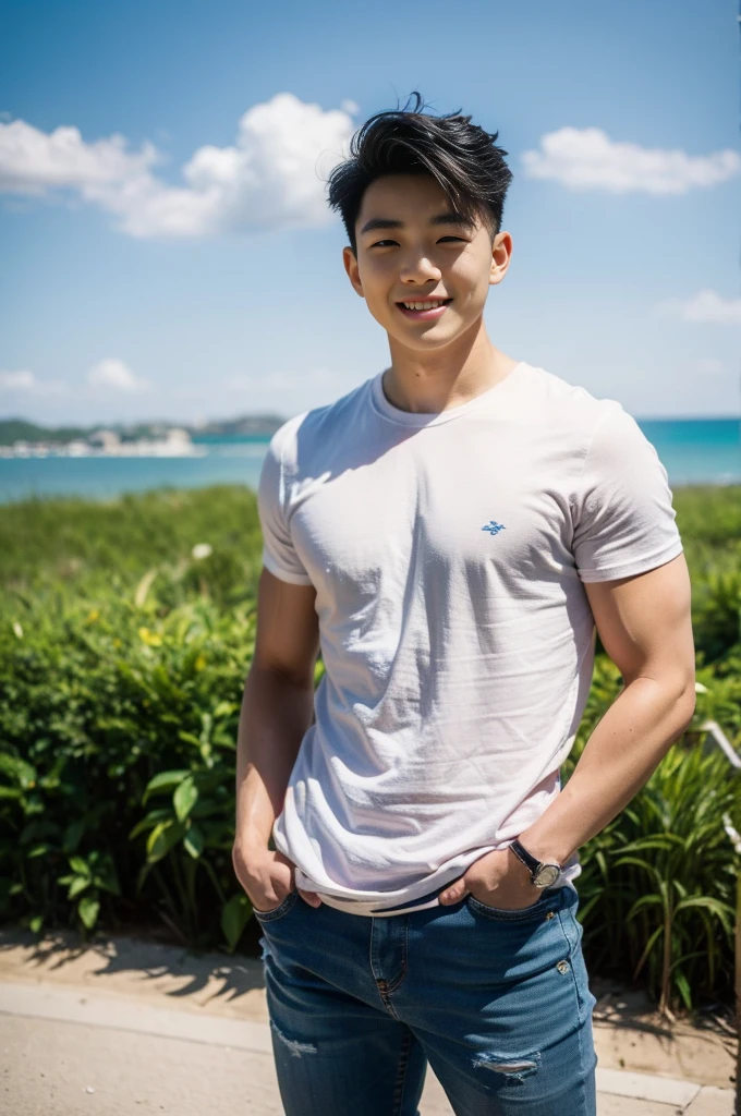 Young Korean man in a white t-shirt and jeans, A handsome, muscular young Asian man looks at the camera. In a simple t-shirt white and red , Fieldside, grass, beach, sunlight, Carrying a camera, smiling