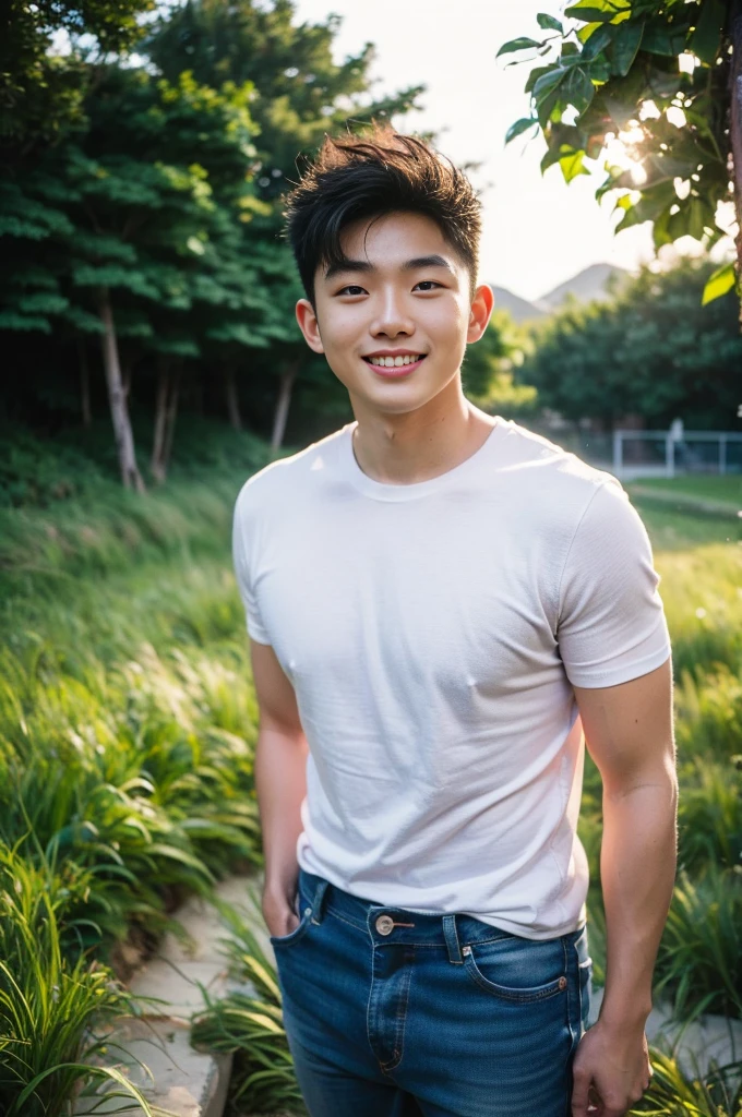 Young Korean man in a white t-shirt and jeans, A handsome, muscular young Asian man looks at the camera. In a simple t-shirt white and red , Fieldside, grass, beach, sunlight, Carrying a camera, smiling