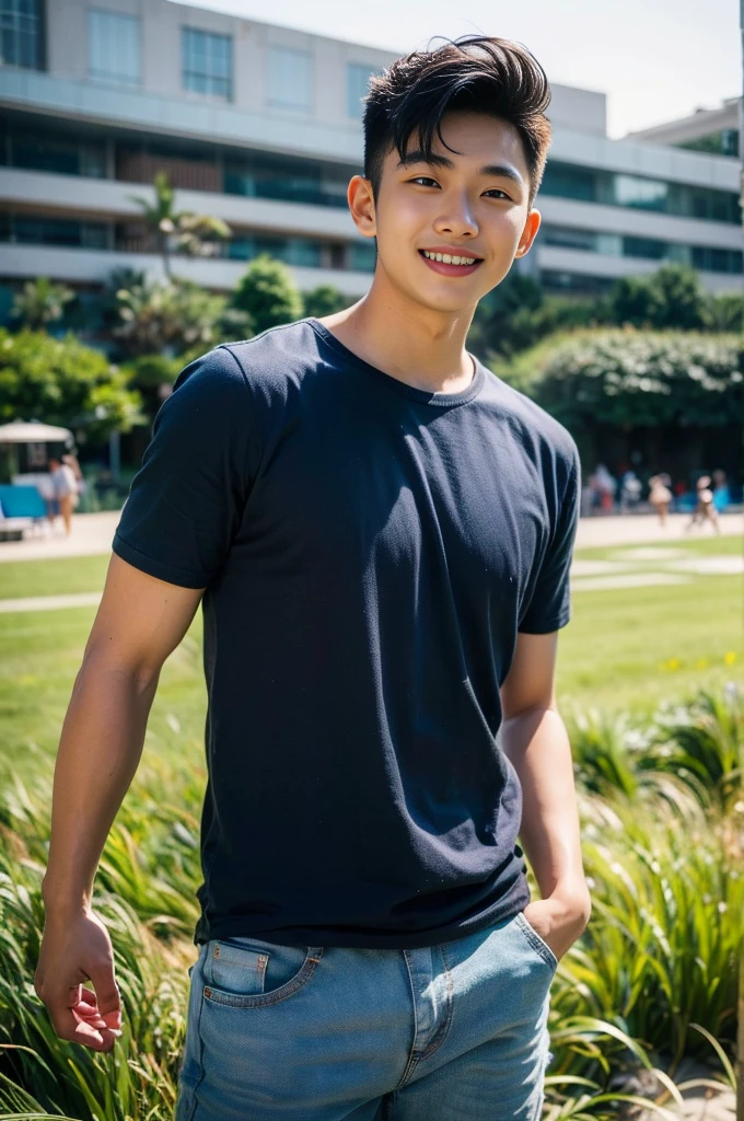 Young Korean man in a white t-shirt and jeans, A handsome, muscular young Asian man looks at the camera. In a simple t-shirt white and red , Fieldside, grass, beach, sunlight, Carrying a camera, smiling