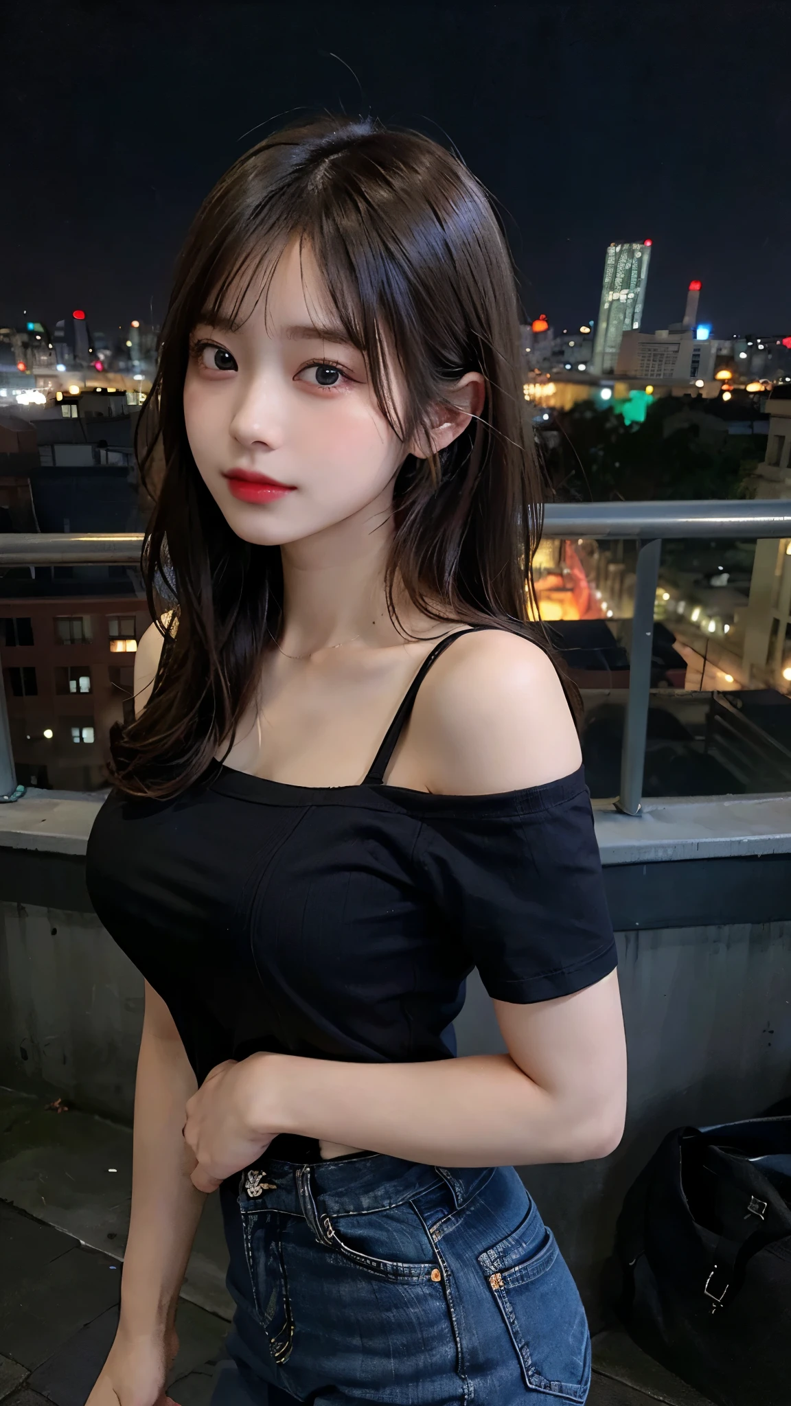 ((Midnight, Highest quality, 8K, masterpiece :1.3)), whole body, Long legs, Sharp focus :1.2, Beautiful woman with perfect figure :1.4, Slim Abs :1.1, ((Dark brown hair, Big Breasts :1.2)), (White tight T-shirt, Are standing:1.2), ((Night city view)), Highly detailed face and skin texture, Fine grain, double eyelid, sunset, Darken, Backlight, Off the shoulder