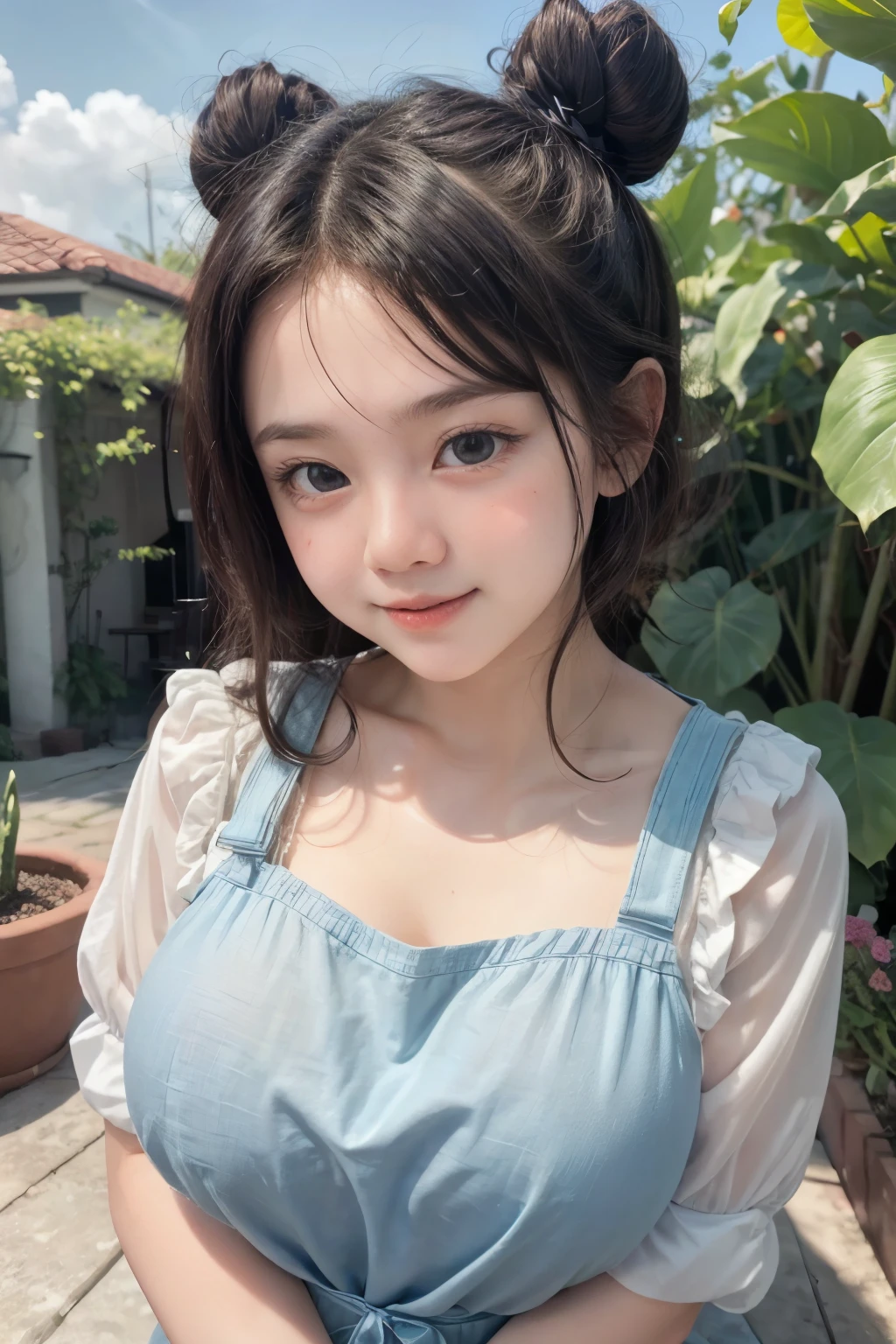 adorable, 1 girl, (face to face), , baby face, hium portrait, (face details: 1), (eye details:1), ((big breasts)). wearing transparent transparency mini apron, .. Cute posed. proportional body. Ultra High Res. realistic: 1.4, UHD, poke a bun Hairstyle , lace 