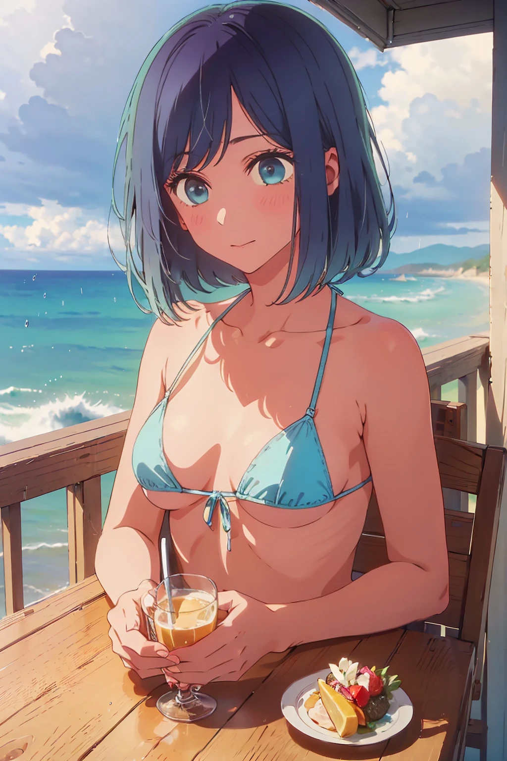 (Highest quality:1.4、masterpiece:1.uper detailed:1.4、8K:1.4)、((((1 person、Surprised expression、sit、Cafe Terrace、coastal、juice、table、Sandy Beach、juiceのグラスを持つ、Micro Bikini、Very soft boog eyes、cloudy、It rains、Very cute face))))、F cup bust、Medium breast、Uob