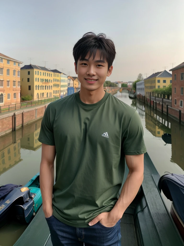 独奏: 1.5, (As a matter of fact, Masterpiece, 8k HD, good light quality, sportswear, fit the face, complicated details), A handsome Korean young man with muscular arms. , 20 years old, be happy, smile brightly, detailed face, delicate eyes, look at the sky, Wear a tight green t-shirt.:1.6 ,Wear a denim coat., jeans period, black eyes, Black hair color, ผมsmooth, smooth，Surreal，Awesome details，Highest quality，real，Open your mouth to talk. , Close your eyes., (Standing beside the canal bridge:1.5)