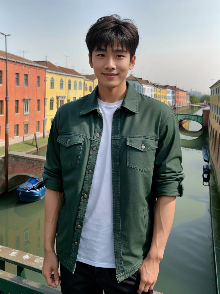 独奏: 1.5, (As a matter of fact, Masterpiece, 8k HD, good light quality, sportswear, fit the face, complicated details), A handsome, muscular young Korean man sits at a table, with muscular arms. , 20 years old, be happy, detailed face, delicate eyes, look at the sky, Wear a tight blue t-shirt.:1.6 , jeans period, black eyes, Black hair color, ผมsmooth, smooth，Surreal，Superb details，Highest quality，real，Open your mouth to talk. , Close your eyes., (standing in the football field:1.1)