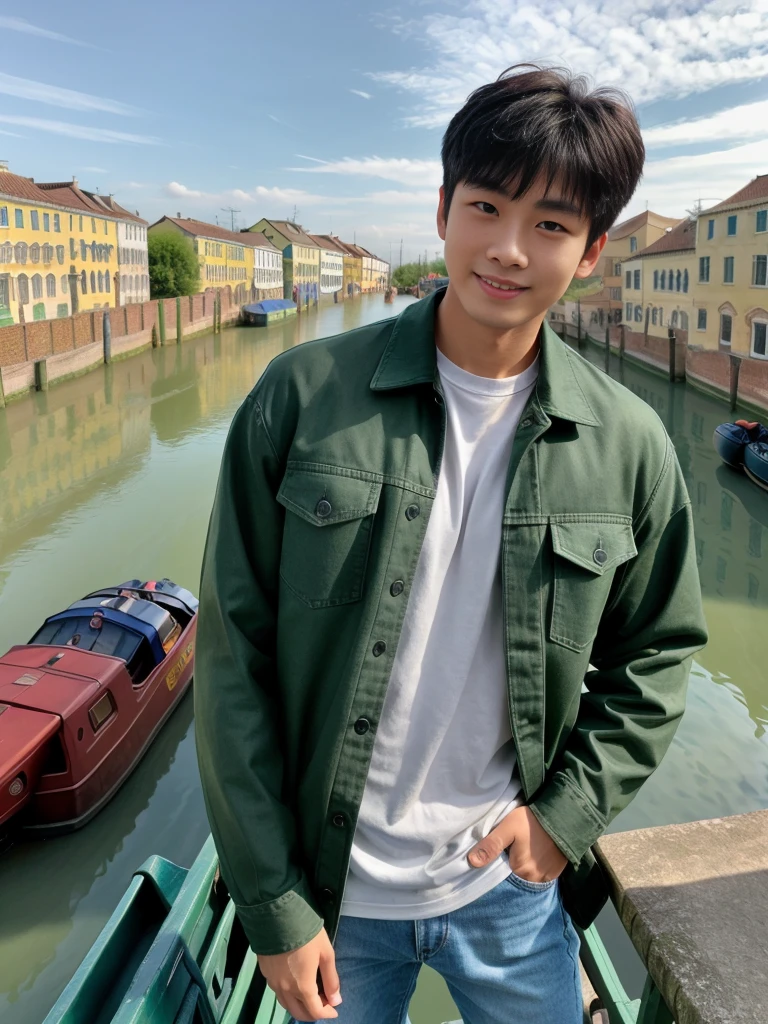 独奏: 1.5, (As a matter of fact, Masterpiece, 8k HD, good light quality, sportswear, fit the face, complicated details), A handsome Korean young man with muscular arms. , 20 years old, be happy, smile brightly, detailed face, delicate eyes, look at the sky, Wear a tight green t-shirt.:1.6 ,Wear a denim coat., jeans period, black eyes, Black hair color, ผมsmooth, smooth,Surreal,Awesome details,Highest quality,real,Open your mouth to talk. , Close your eyes., (Standing beside the canal bridge:1.5)
